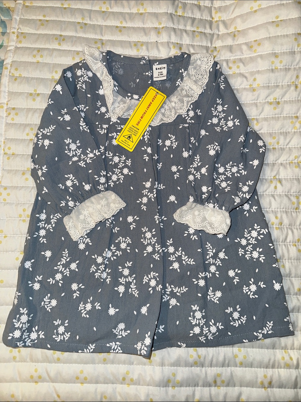 SHEIN Blue Floral Lace-Trim Button Front Blouse
